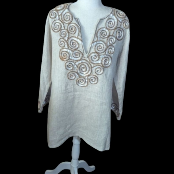 Oatmeal/Pink Neutral Cool Linen Long Tunic Quiet Luxury 3D Swirl Embroidery Sz L - Picture 1 of 10